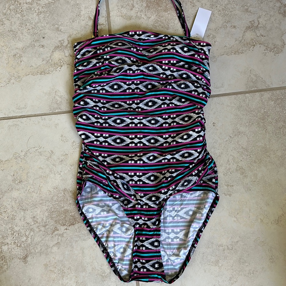 NWT Pursuit Aztec Print One Piece halter/strapless ruched tummy control